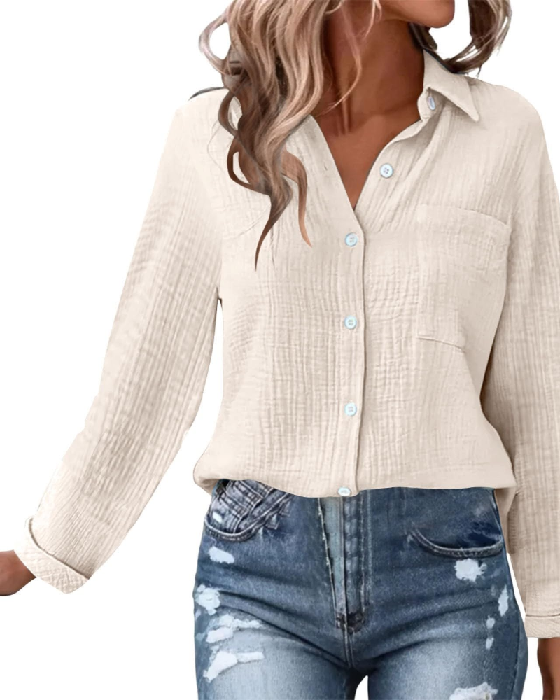 Hannah Bluse Damen – Baumwoll-Musselin-Hemd mit V-Ausschnitt, Knöpfen und Brusttasche