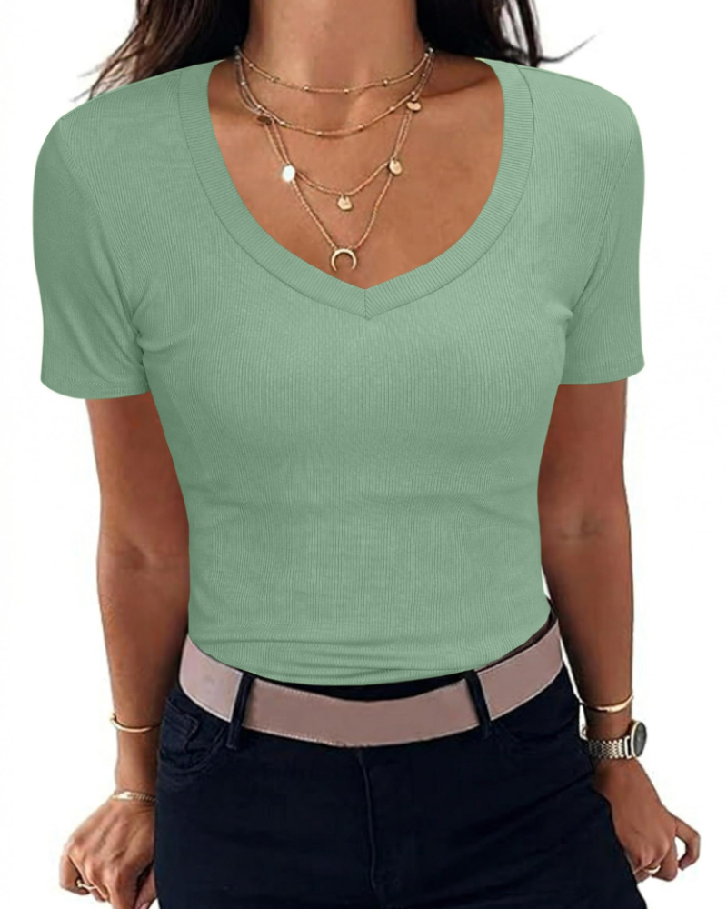 Γυναικείο T-Shirt Chloe – Κοντομάνικο Slim Fit με Ριμπ ύφανση και V-λαιμόκοψη