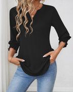 Eleanor Damenbluse – Florales Top mit V-Ausschnitt, 3/4-Ärmeln und Volantmanschetten
