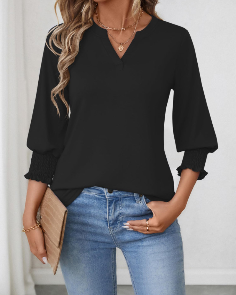 Eleanor Damenbluse – Florales Top mit V-Ausschnitt, 3/4-Ärmeln und Volantmanschetten