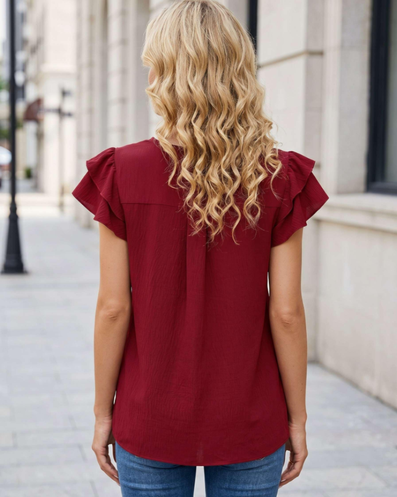 Grace Damenbluse – Elegante Bluse mit V-Ausschnitt, Volant vorne und kurzen Ärmeln