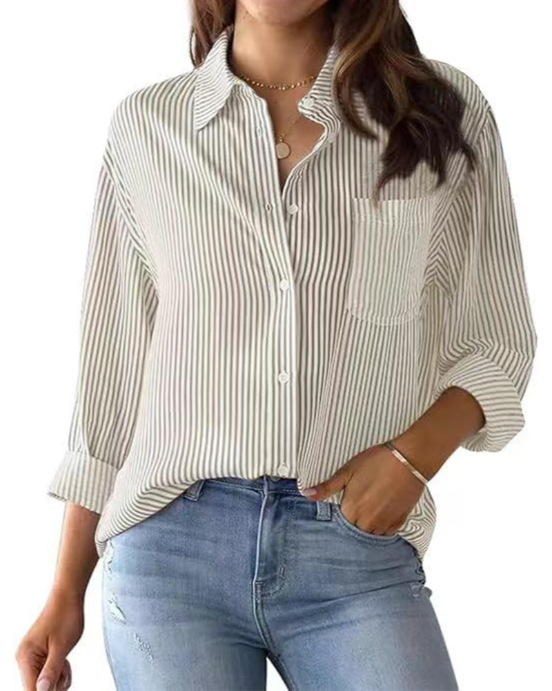 Lauren Camicia Donna – Blusa in Cotone a Righe con Scollo a V, Colletto & Maniche Arrotolabilin