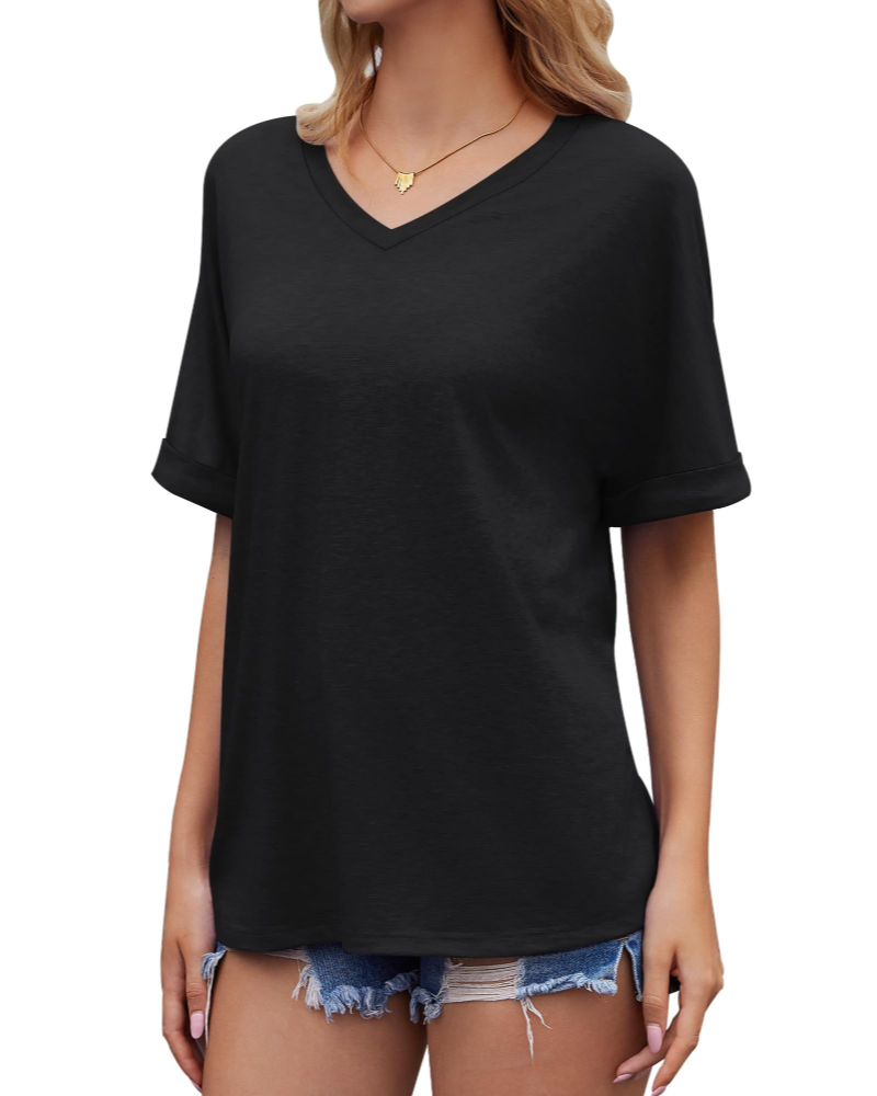 Natalie T-Shirt damski – oversize top z dekoltem w serek, krótkimi rękawami i mankietami