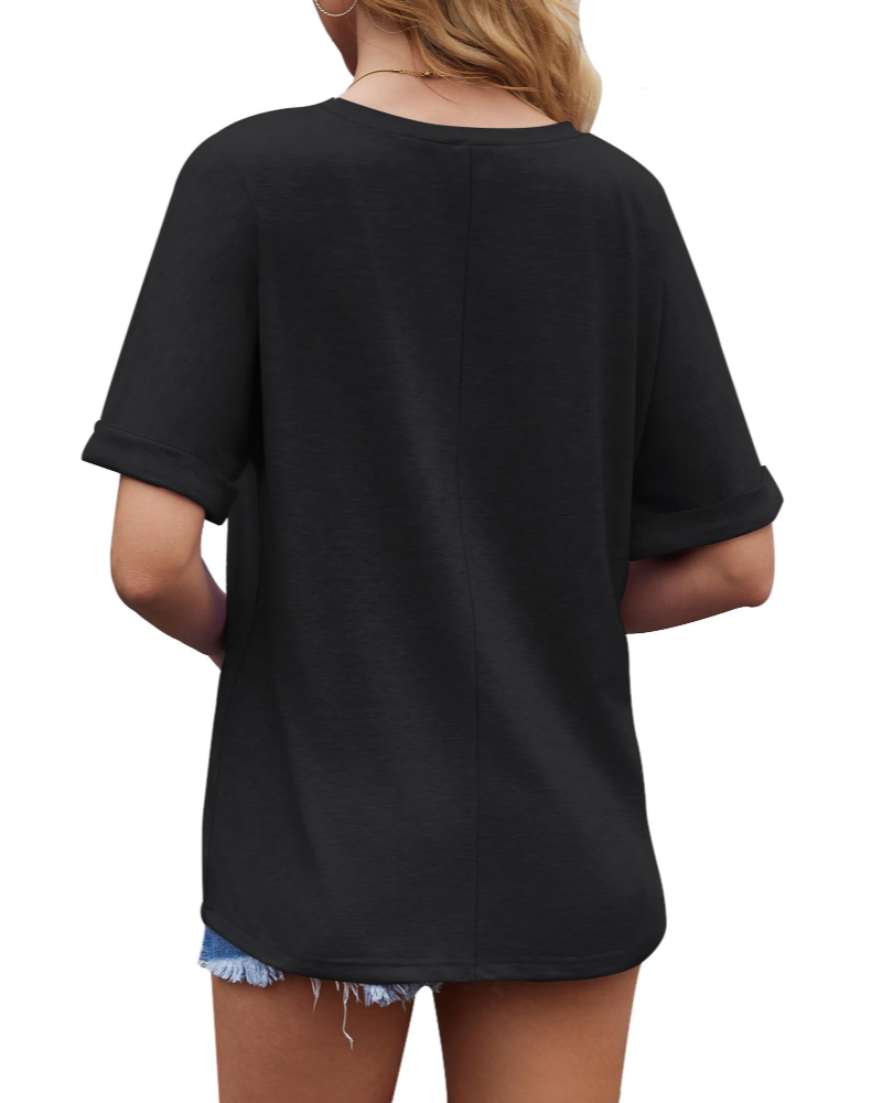 Natalie T-Shirt damski – oversize top z dekoltem w serek, krótkimi rękawami i mankietami