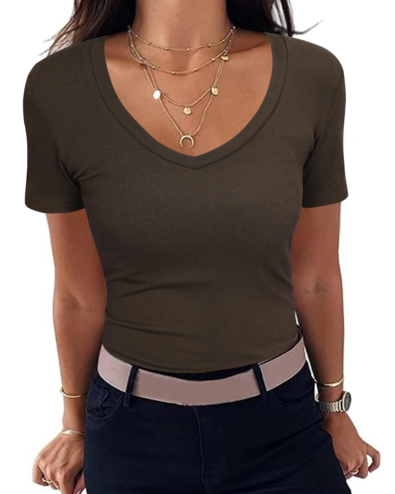 Γυναικείο T-Shirt Chloe – Κοντομάνικο Slim Fit με Ριμπ ύφανση και V-λαιμόκοψη