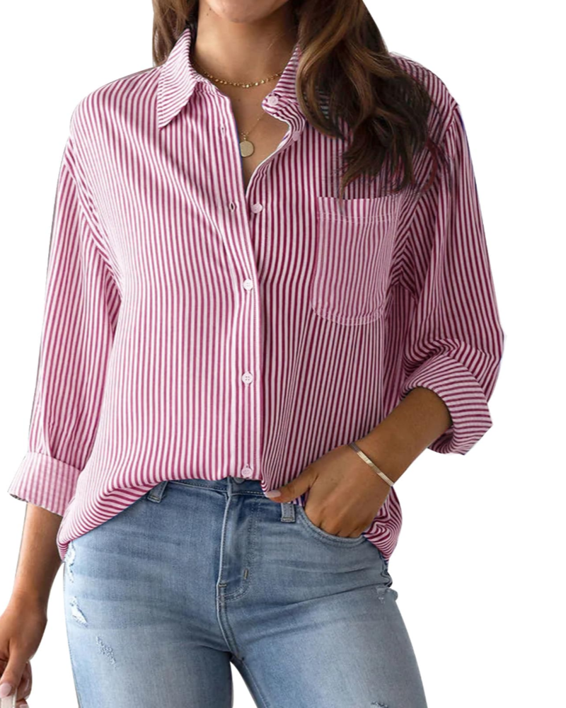 Lauren Camicia Donna – Blusa in Cotone a Righe con Scollo a V, Colletto & Maniche Arrotolabilin