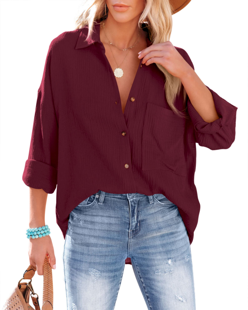 Sienna Damenbluse – Oversize-Baumwollhemd mit V-Ausschnitt, Knöpfen und Tasche