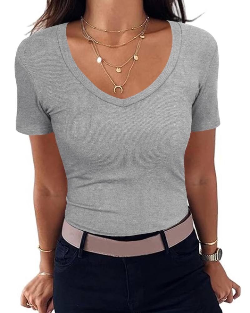 Γυναικείο T-Shirt Chloe – Κοντομάνικο Slim Fit με Ριμπ ύφανση και V-λαιμόκοψη