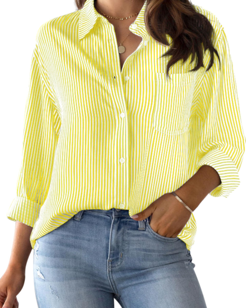 Lauren Camicia Donna – Blusa in Cotone a Righe con Scollo a V, Colletto & Maniche Arrotolabilin