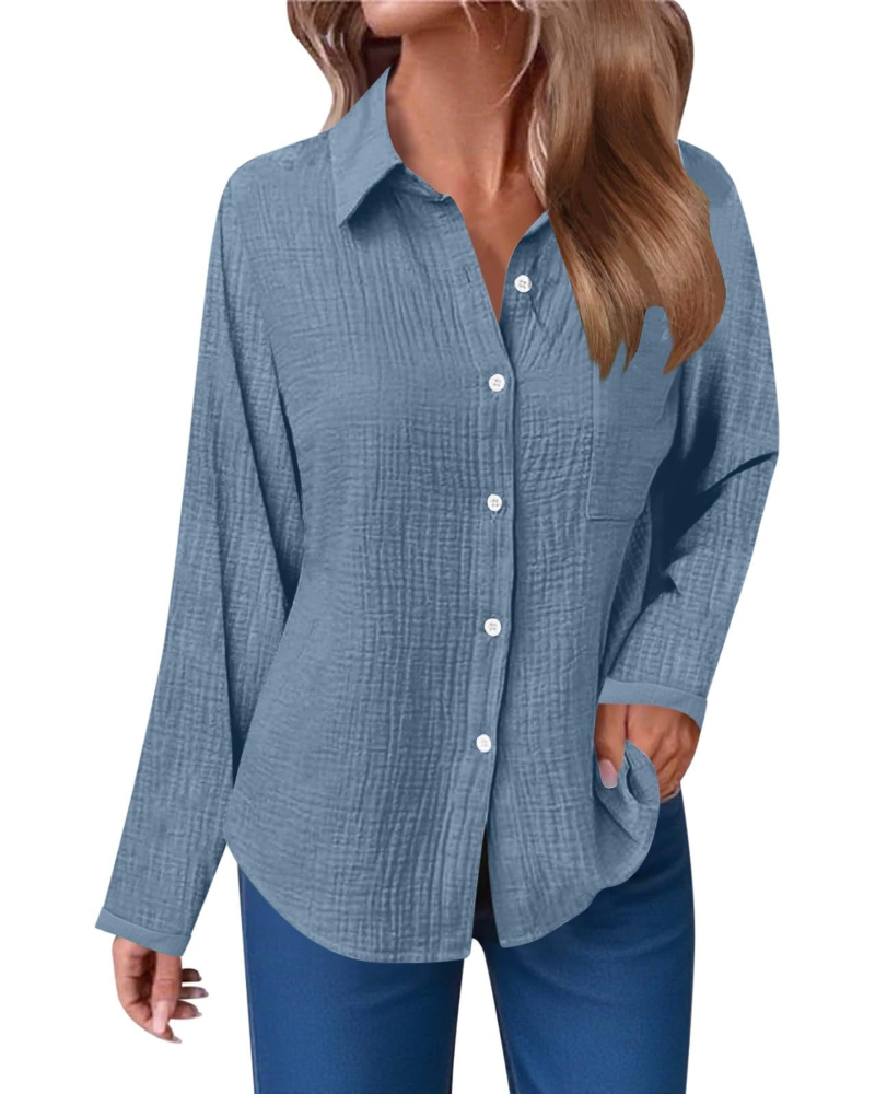 Hannah Blusa Donna – Camicia in Mussola di Cotone con Scollo a V, Bottoni & Taschino