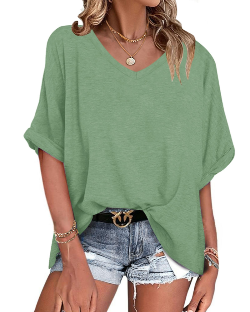 Natalie T-Shirt damski – oversize top z dekoltem w serek, krótkimi rękawami i mankietami