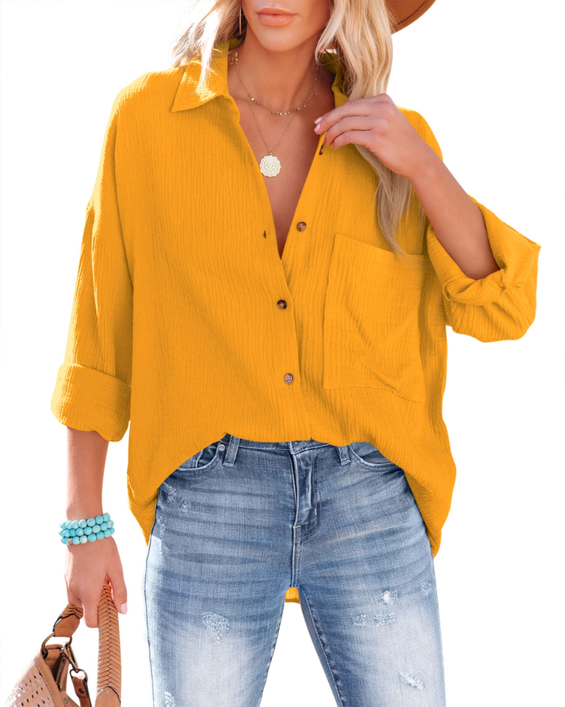 Sienna Damenbluse – Oversize-Baumwollhemd mit V-Ausschnitt, Knöpfen und Tasche