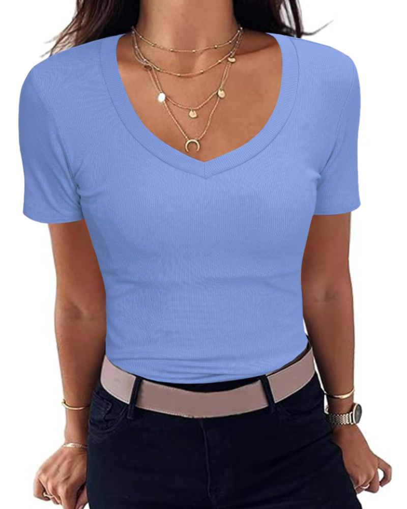 Γυναικείο T-Shirt Chloe – Κοντομάνικο Slim Fit με Ριμπ ύφανση και V-λαιμόκοψη
