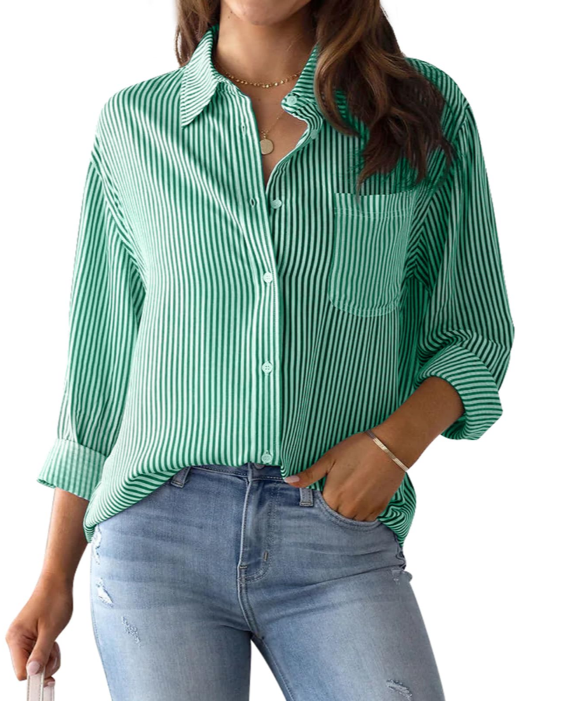Lauren Camicia Donna – Blusa in Cotone a Righe con Scollo a V, Colletto & Maniche Arrotolabilin