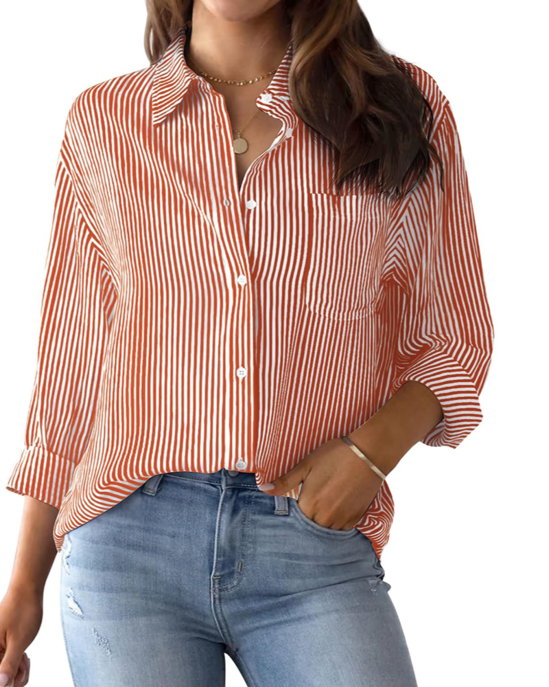 Lauren Camicia Donna – Blusa in Cotone a Righe con Scollo a V, Colletto & Maniche Arrotolabilin