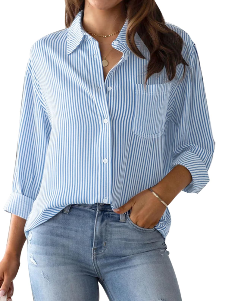 Lauren Camicia Donna – Blusa in Cotone a Righe con Scollo a V, Colletto & Maniche Arrotolabilin