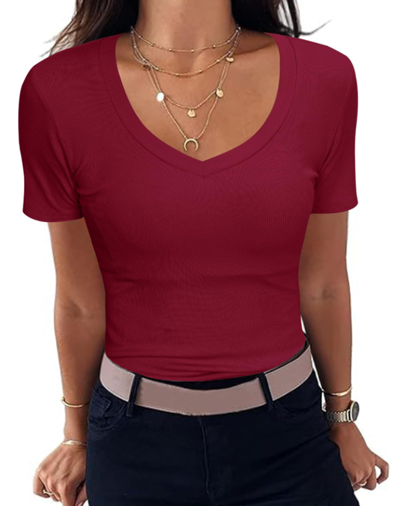 Γυναικείο T-Shirt Chloe – Κοντομάνικο Slim Fit με Ριμπ ύφανση και V-λαιμόκοψη