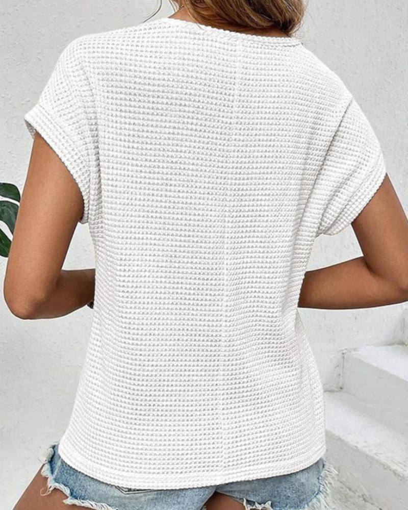 Bluza Phoebe pentru femei – top waffle cu guler rotund, detalii croșetate și croială lejeră