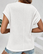 Bluza Phoebe pentru femei – top waffle cu guler rotund, detalii croșetate și croială lejeră