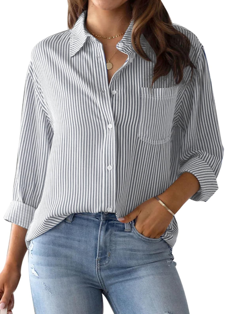 Lauren Camicia Donna – Blusa in Cotone a Righe con Scollo a V, Colletto & Maniche Arrotolabilin