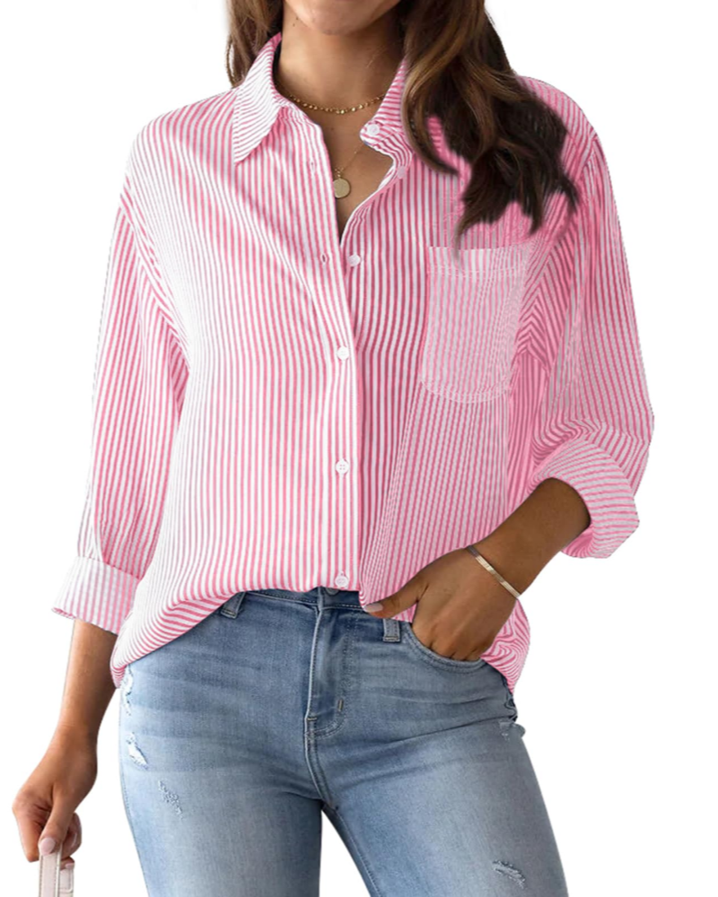 Lauren Camicia Donna – Blusa in Cotone a Righe con Scollo a V, Colletto & Maniche Arrotolabilin