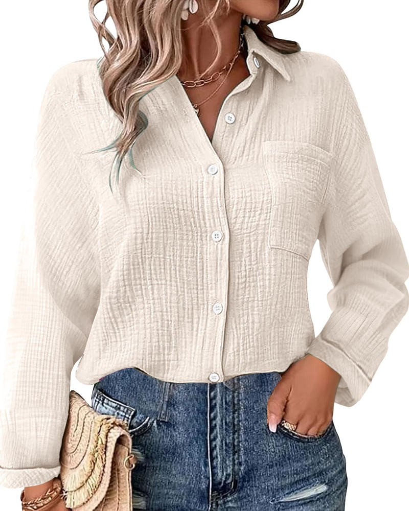 Hannah Bluse Damen – Baumwoll-Musselin-Hemd mit V-Ausschnitt, Knöpfen und Brusttasche