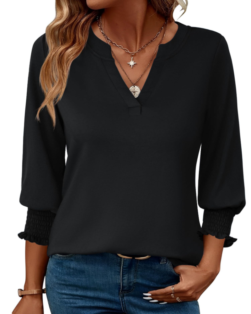Eleanor Damenbluse – Florales Top mit V-Ausschnitt, 3/4-Ärmeln und Volantmanschetten