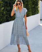 Celine Abito Maxi Donna – Boho květinové šaty s výstřihem do V, páskem a volány