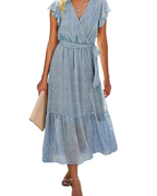 Celine Abito Maxi Donna – Boho květinové šaty s výstřihem do V, páskem a volány