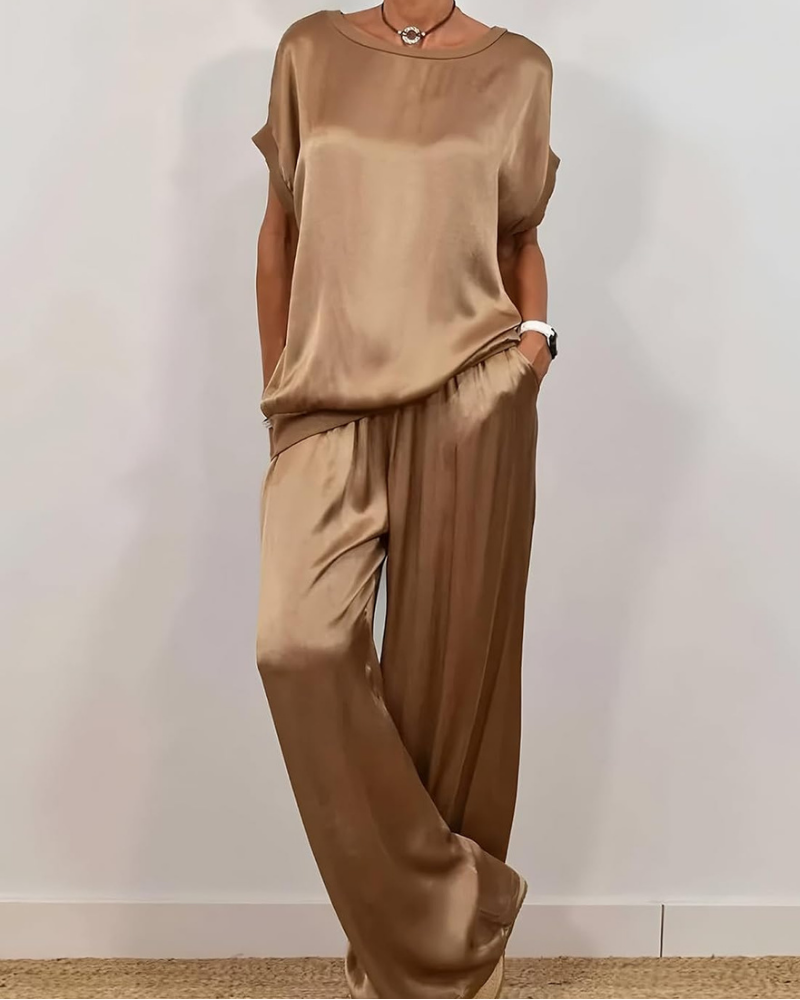 Naomi komplettes Damen-Set aus Satin – Rundhals-Top und Palazzo-Hose mit elastischem Bund