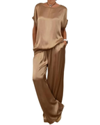 Naomi komplettes Damen-Set aus Satin – Rundhals-Top und Palazzo-Hose mit elastischem Bund