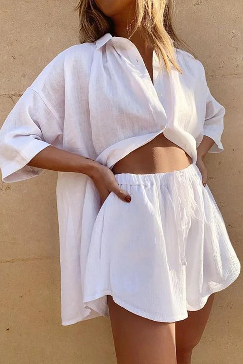 Sienna Set Donna Due Pezzi – Completo Lino Camicia e Shorts Vita Elastico Estivo