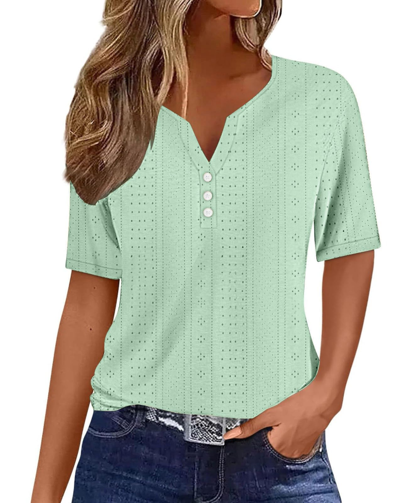 Blouse pour femme Hailey – Col en V, boutons, manches courtes et coupe fluide