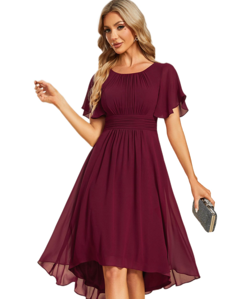 Claire Abito Elegante Donna – Midi ruha chiffonból, A-vonalú, rövid ujjú és kerek nyakkivágással