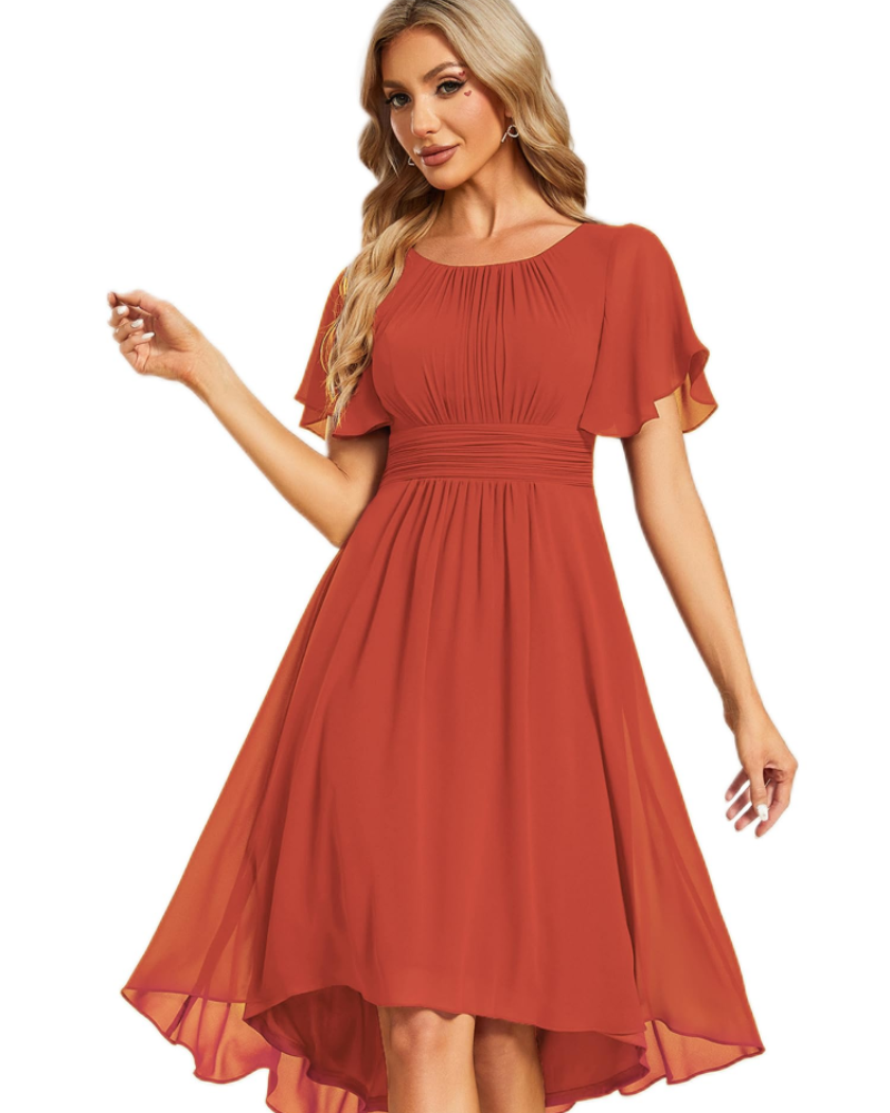 Claire Abito Elegante Donna – Midi ruha chiffonból, A-vonalú, rövid ujjú és kerek nyakkivágással