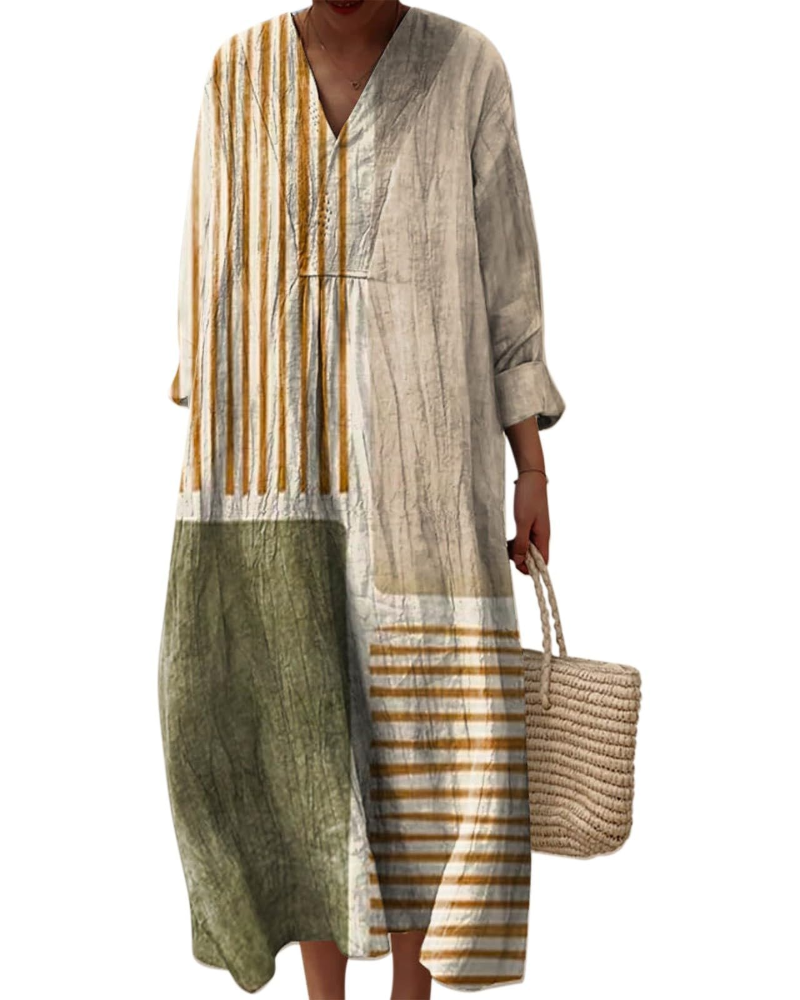 Natalie Abito Donna – Vestido Midi Boho con Escote en V, Mangas Largas y Tejido Ligero