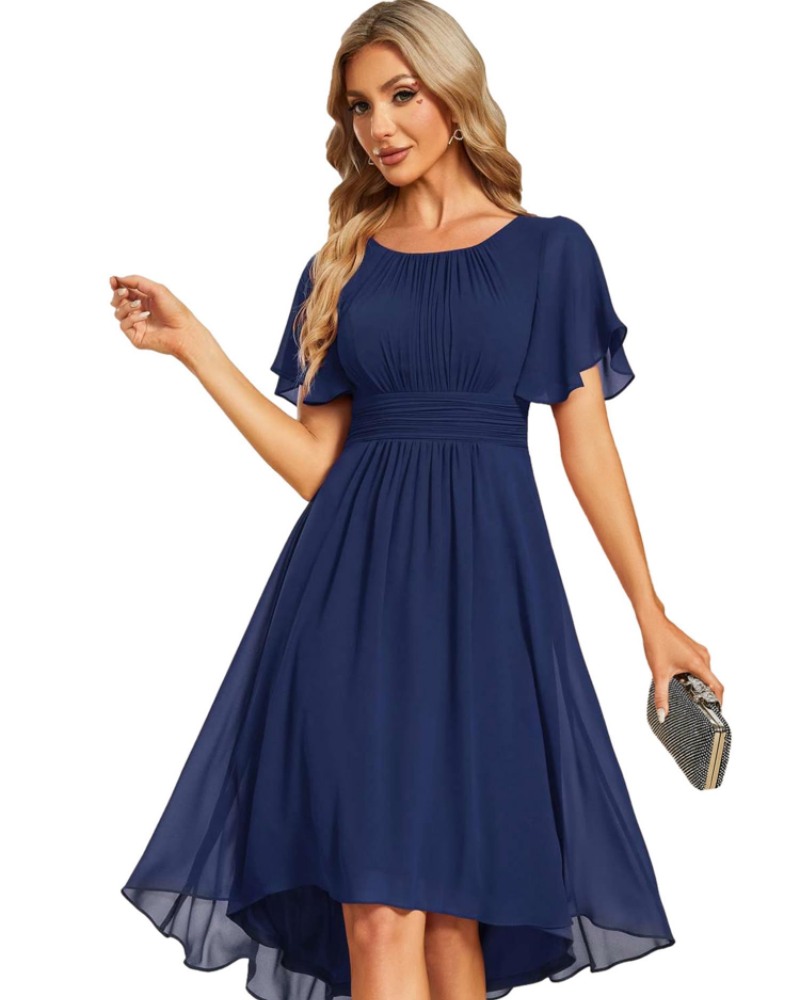 Claire Abito Elegante Donna – Midi ruha chiffonból, A-vonalú, rövid ujjú és kerek nyakkivágással