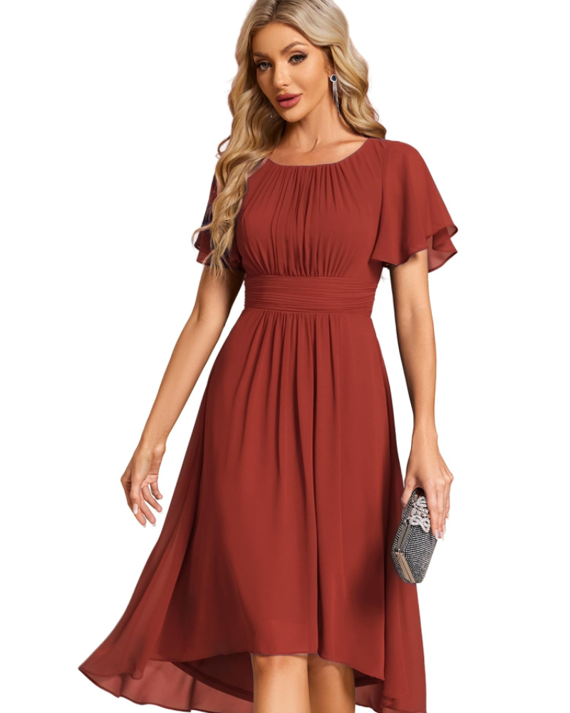 Claire Abito Elegante Donna – Midi ruha chiffonból, A-vonalú, rövid ujjú és kerek nyakkivágással