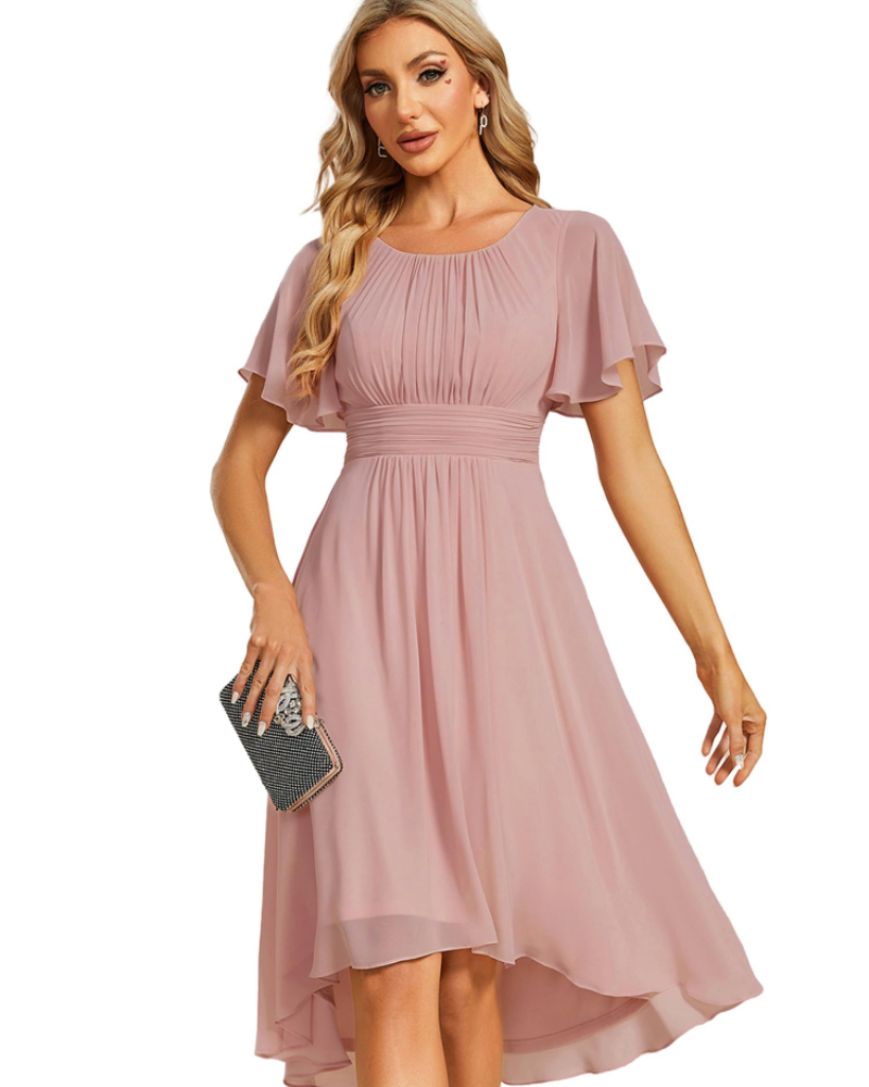 Claire Abito Elegante Donna – Midi ruha chiffonból, A-vonalú, rövid ujjú és kerek nyakkivágással