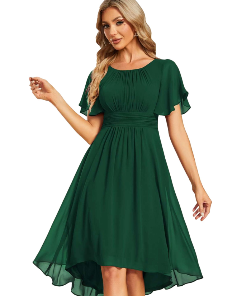 Claire Abito Elegante Donna – Midi ruha chiffonból, A-vonalú, rövid ujjú és kerek nyakkivágással