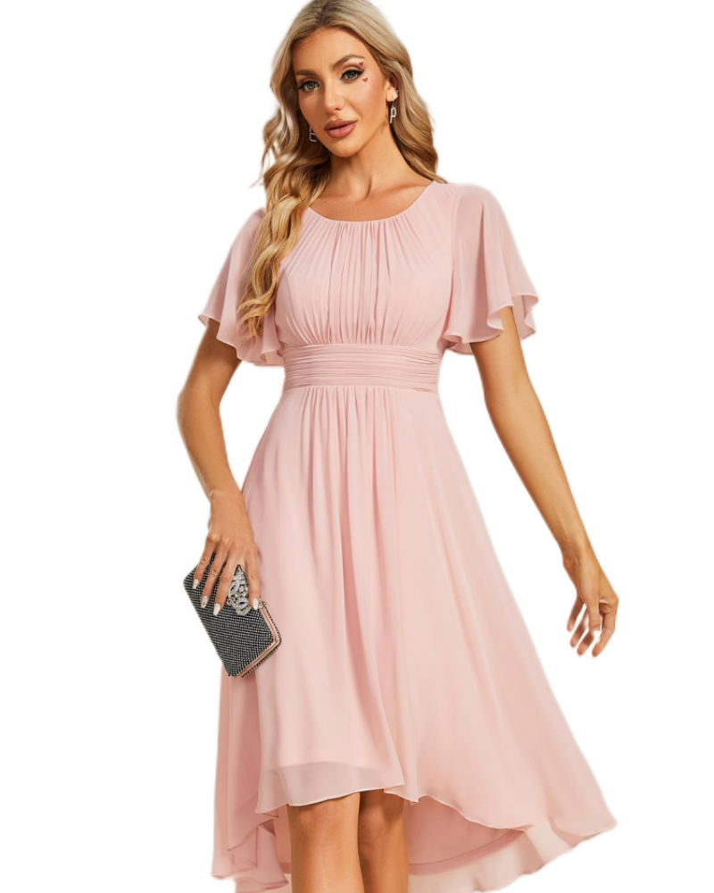 Claire Abito Elegante Donna – Midi ruha chiffonból, A-vonalú, rövid ujjú és kerek nyakkivágással