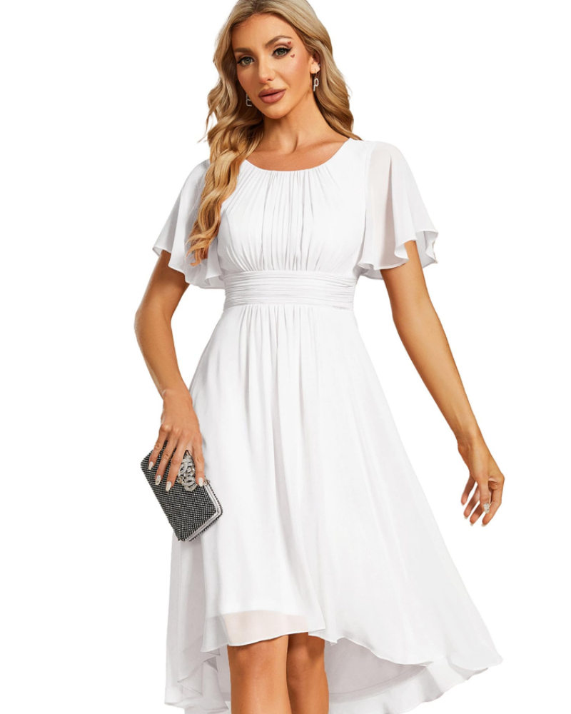 Claire Abito Elegante Donna – Midi ruha chiffonból, A-vonalú, rövid ujjú és kerek nyakkivágással