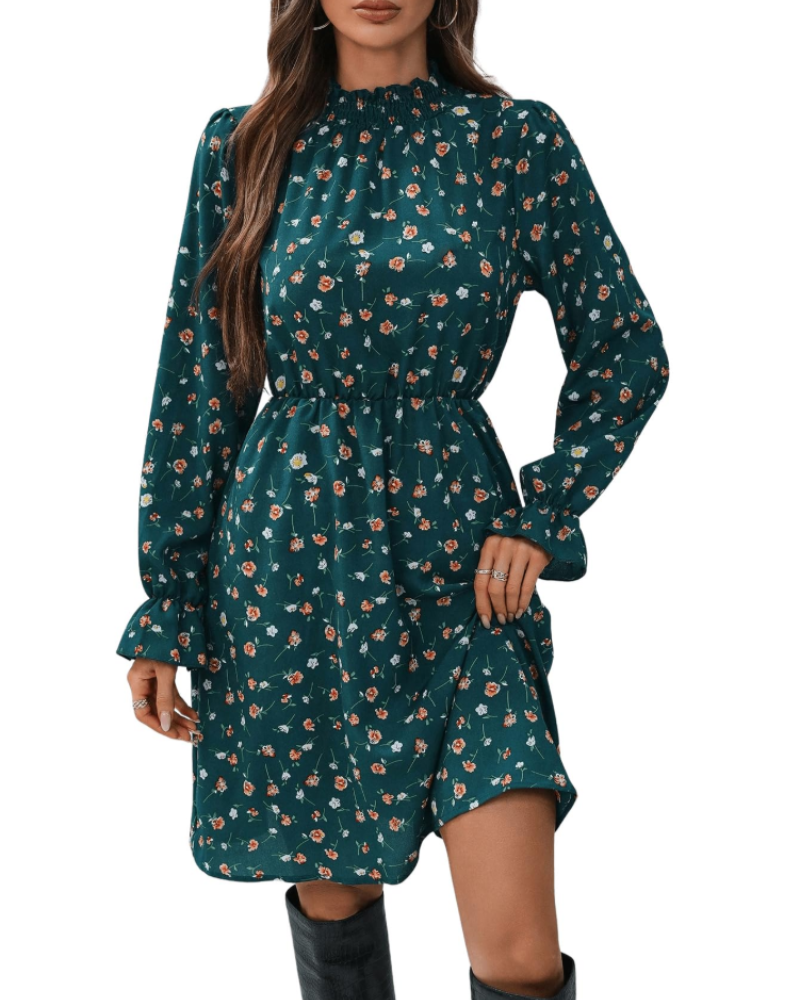 Ruby Vestido de Mujer – Mini Vestido Floral en Línea A con Cuello Alto, Volantes y Mangas Largas