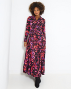Naomi Abito Donna – Maxi kjole med blomsterprint, krave, lange ærmer og bælte