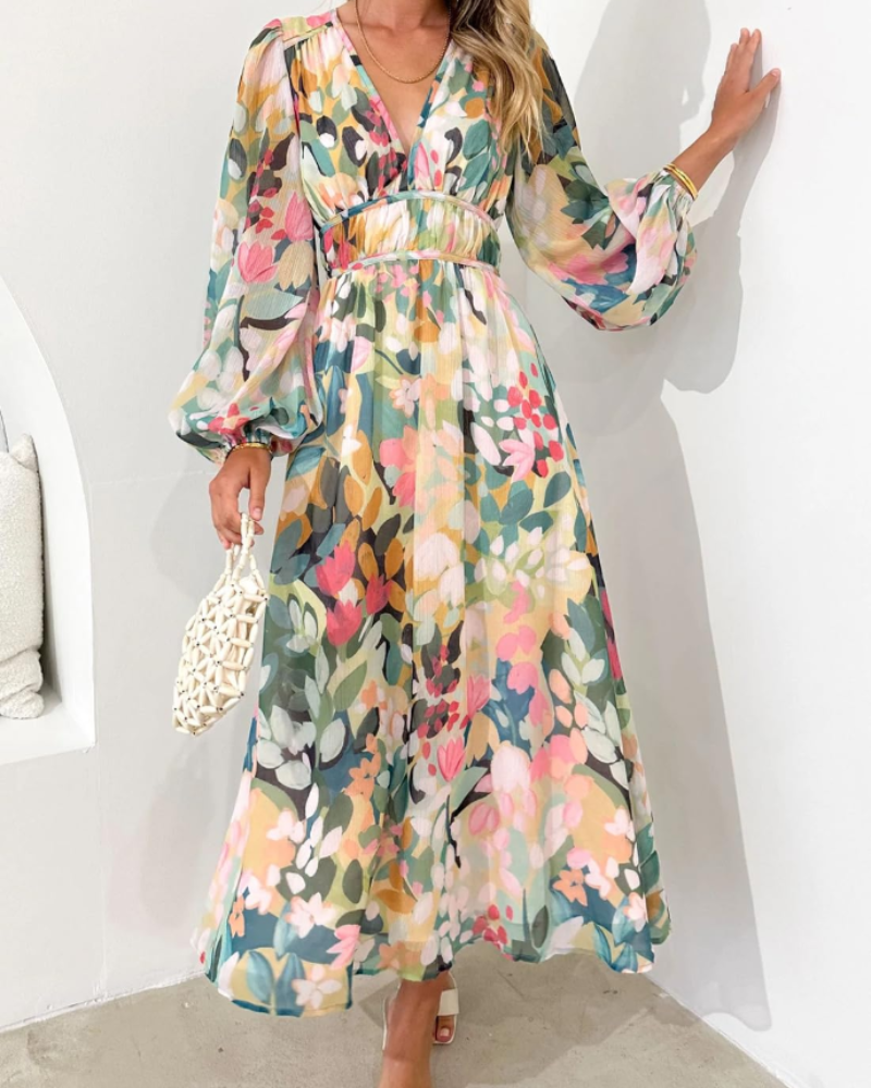 Hannah Abito Donna – Maxikjole med blomsterprint, lange ærmer, elastisk talje og foring