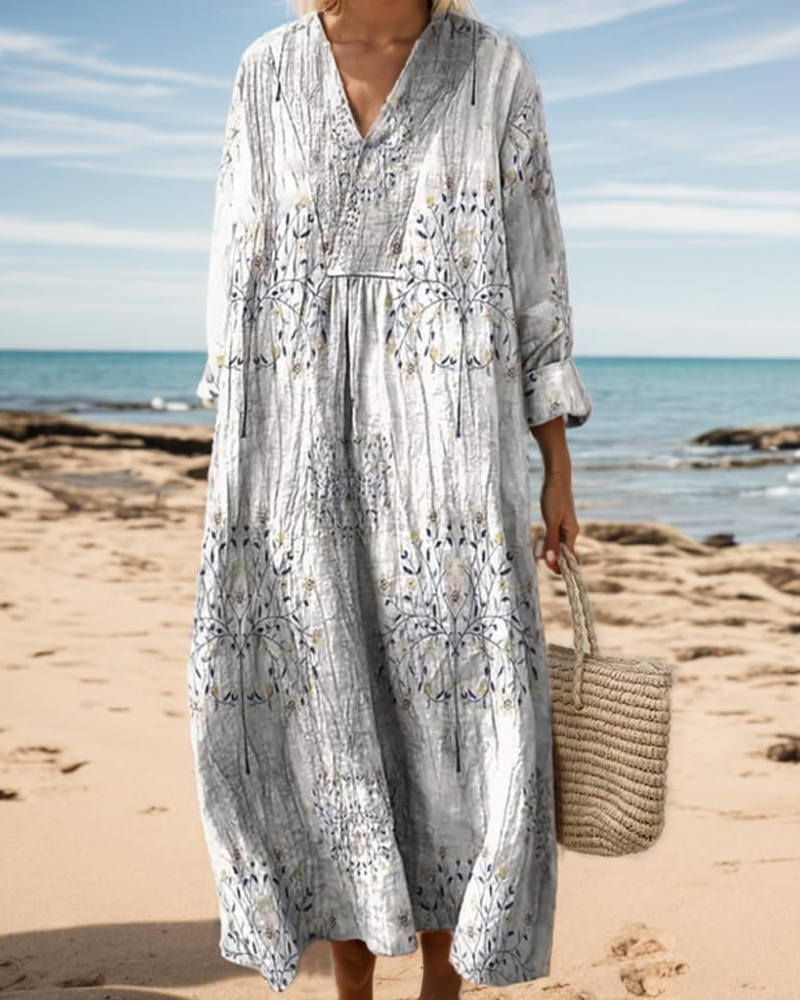 Natalie Abito Donna – Vestido Midi Boho con Escote en V, Mangas Largas y Tejido Ligero