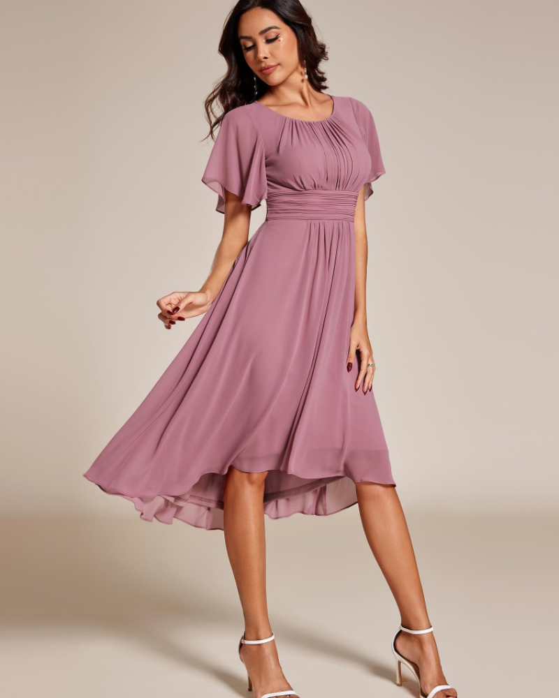 Claire Abito Elegante Donna – Midi ruha chiffonból, A-vonalú, rövid ujjú és kerek nyakkivágással