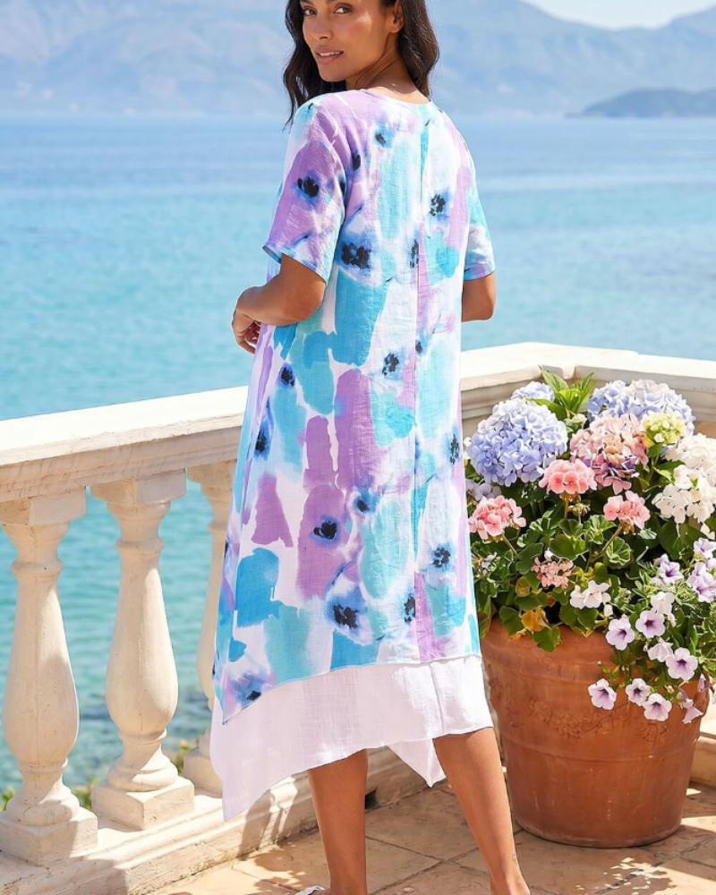 Isabelle Women's Dress – Abstract Double-Layer Shift Dress with Crew Neck & Short Sleeves
