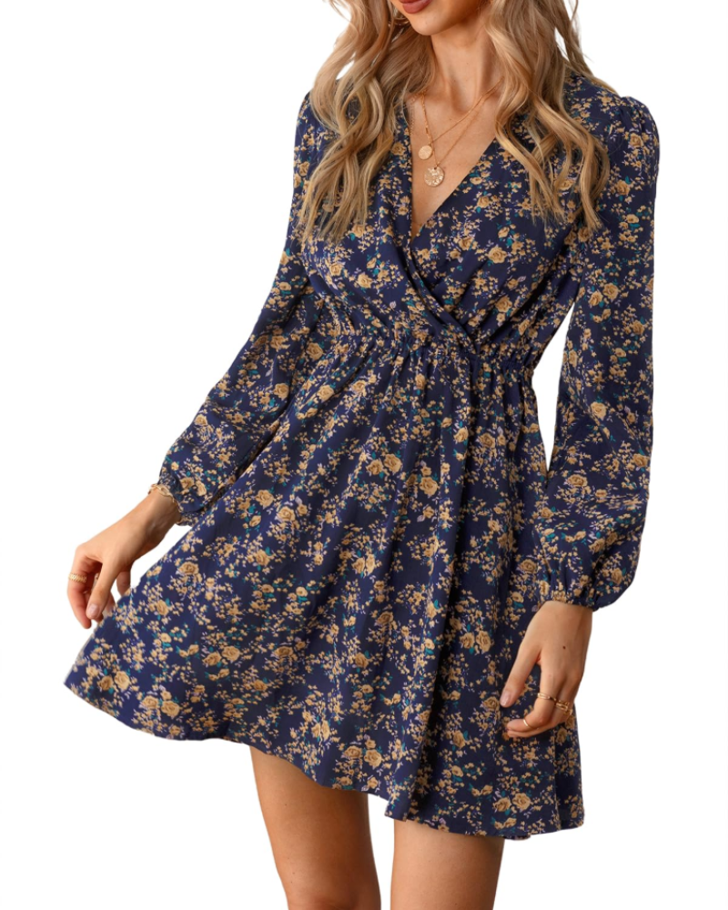 Megan Abito Donna – Mini kjole med blomsterprint, krydset halsudskæring, elastisk talje og lange ærmer