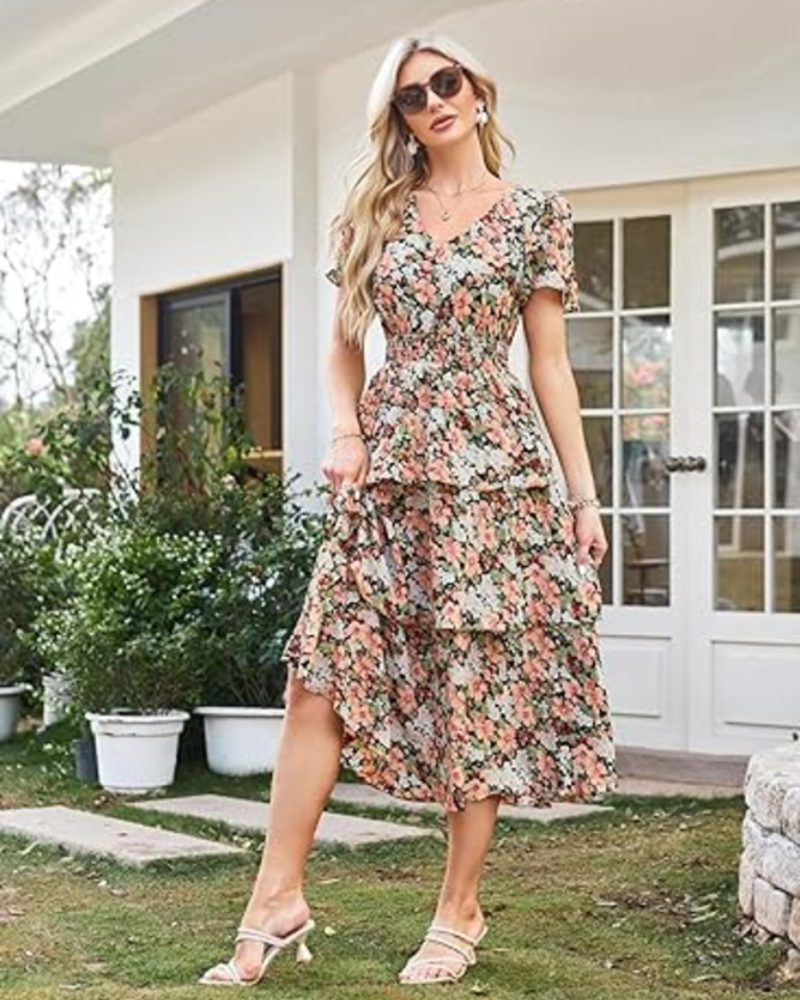 Scarlett Dámské Šaty – Květinové A-linie Šaty s Výstřihem do V, Elastickým Pasem a Krátkými Rukávy